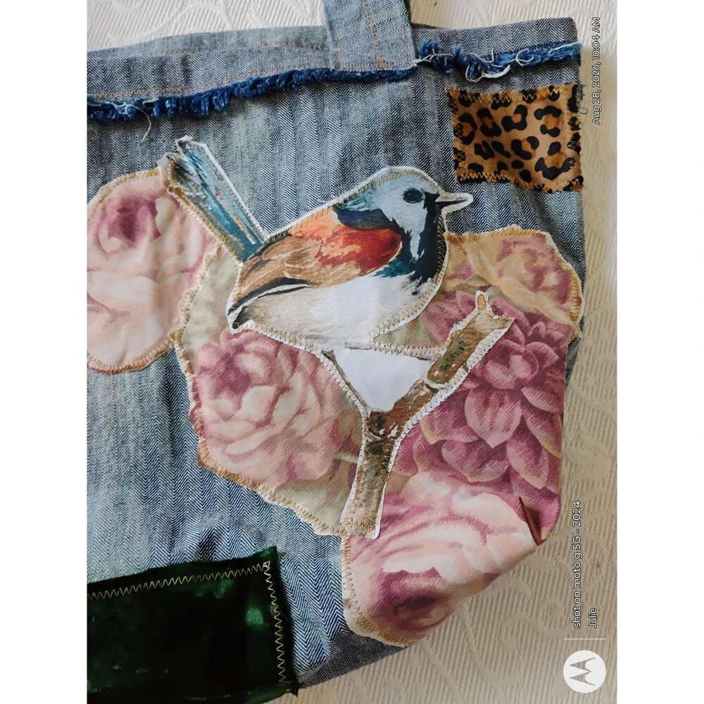 Denim Patchwork Tote Bag Applique Reclaimed Fabric Oversized Boho Handbag